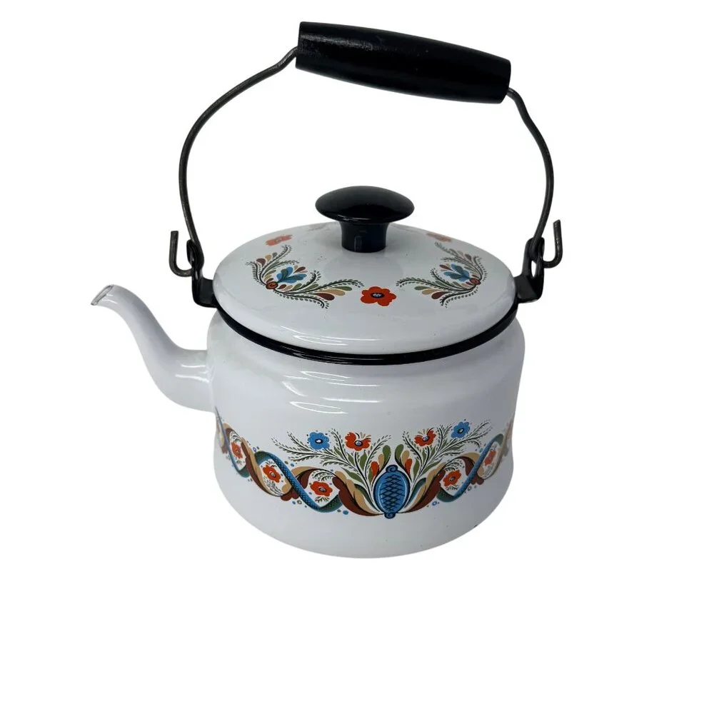 Vintage‎ 1960s Georges Briard Dutch Floral Enamelware Teapot Tea Kettle MCM